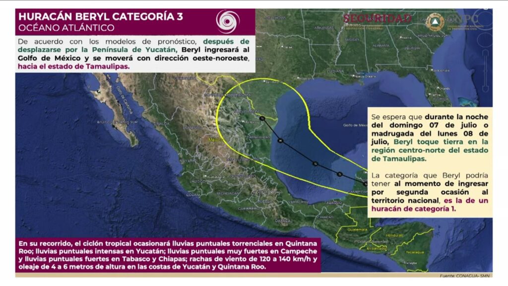 Gobierno Mexicano se prepara para doble impacto del huracán “Beryl”
