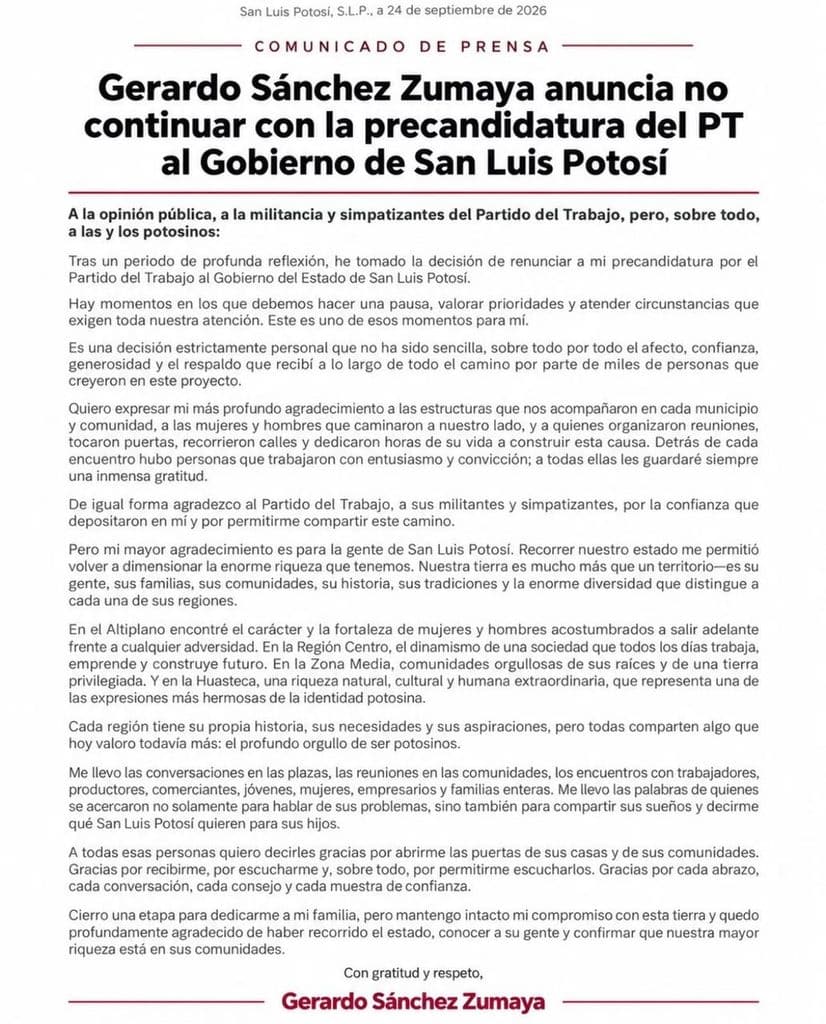 Gerardo Sánchez Zumaya renuncia a la precandidatura del PT por la gubernatura de San Luis Potosí