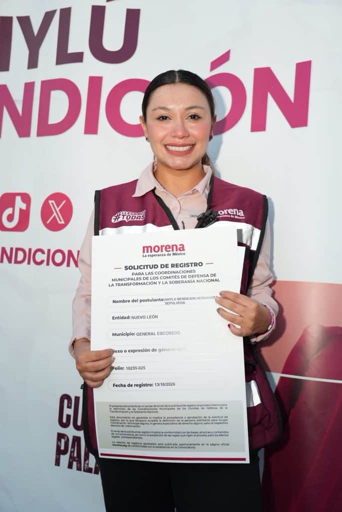Se registra Anylú Bendición como aspirante de Morena a la coordinación municipal de los comités de defensa de la transformación en Escobedo
